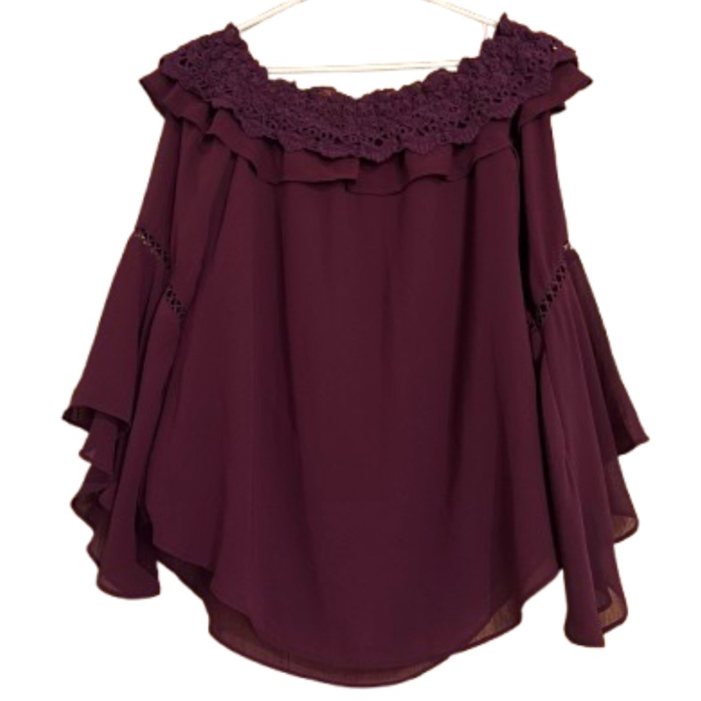 WHBM Women Burgundy Off Shoulder w/ Flutter Sleeves Business Office Casual Sz-M